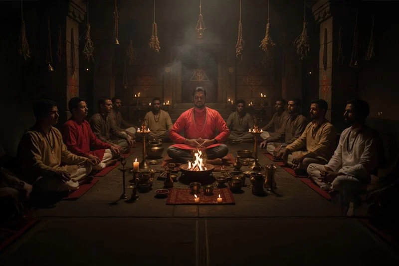 हवन कुंड के चारों ओर बैठे साधकों के मध्य श्री निखिल जी महाराज